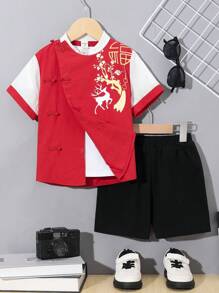 SHEIN Conjunto Casual De Dos Piezas Hanfu Estilo Chino Con Estampado, Para Niño Joven. Incluye Camisa De Manga Corta Con Cuello Alto Y Pantalones
