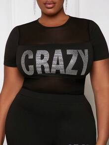 Slaydiva 大尺碼女性字母印花網眼短袖上衣和長褲套裝 - 黑色 - 查看 4