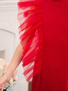 SHEIN 青少年女孩针织立领网眼撞色双层荷叶边装饰连衣裙 - 紅色 - 查看 6