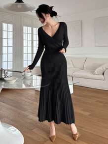 DAZY Women's Solid Color Wrap Ruffle Hem Sweater Dress,Fall Women Clothes - Black - View 1