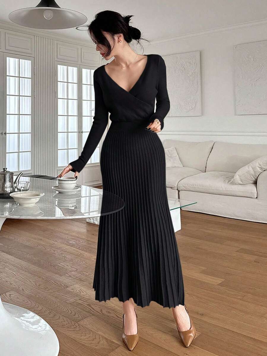 DAZY Women's Solid Color Wrap Ruffle Hem Sweater Dress,Fall Women Clothes - Black - View 1