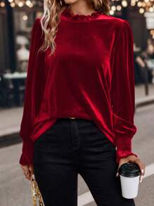 SHEIN Clasi 女士立領襯衫,褶邊下擺和收緊袖口設計 - 紅色 - 查看 4