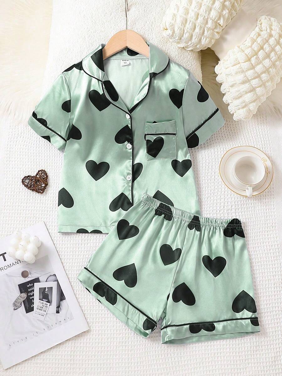 Tween Girls' Heart Printed Green Satin Shorts & Short Sleeve Cardigan With Button And Two Pockets Casual 2pcs Home Outfit - Green - View 1