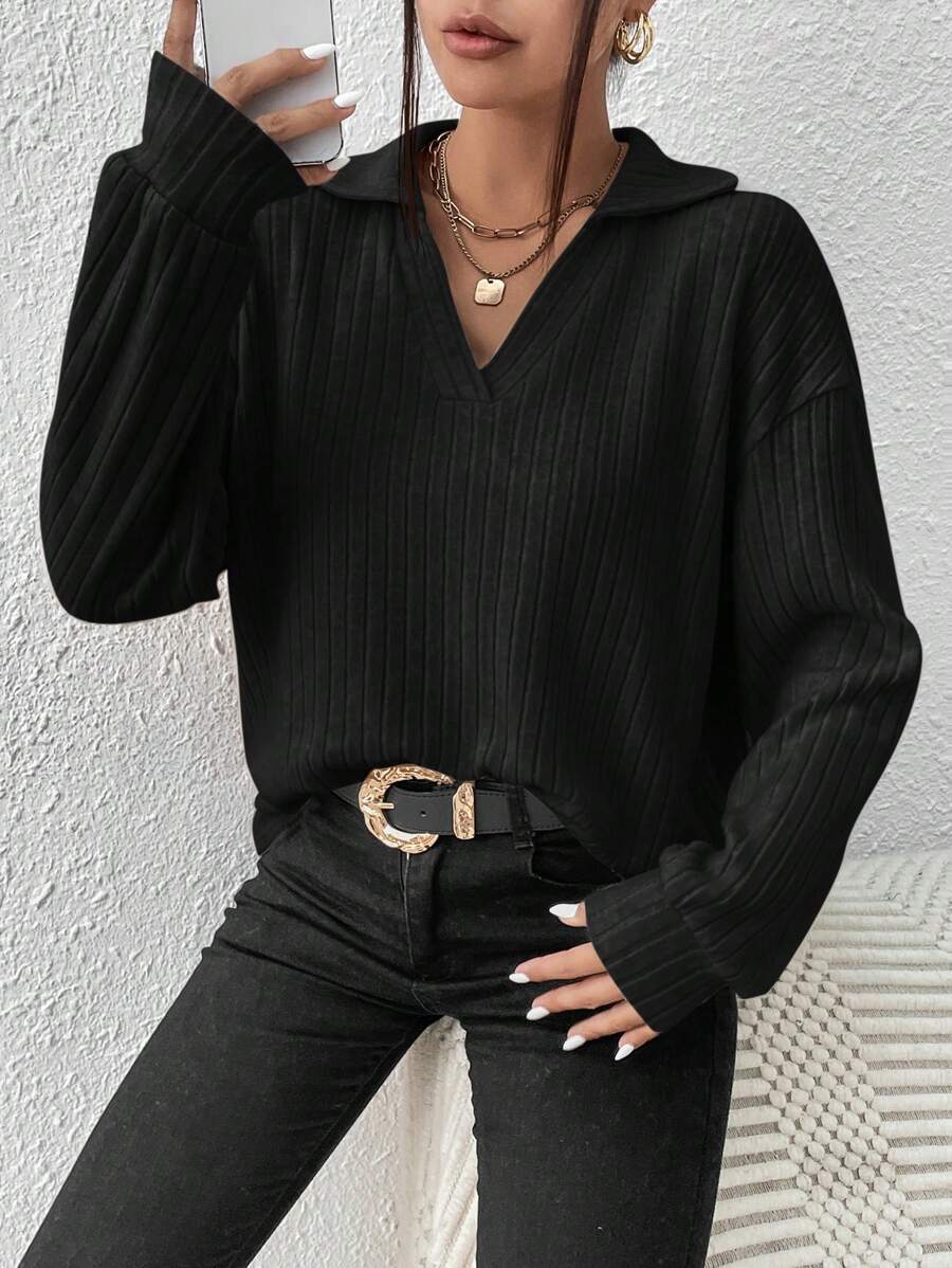 SHEIN Frenchy Solid Color Drop-Shoulder Long Sleeve T-Shirt - Black - View 1