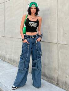 SHEIN EZwear Women's Letter Pattern Rhinestone Decor Spaghetti Strap Tank Top Suitable For Spring And Summer - Black - View 6