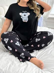 Conjunto De Pijama Con Pantalones Y Top De Manga Corta Con Estampado De Koala De Talla Grande