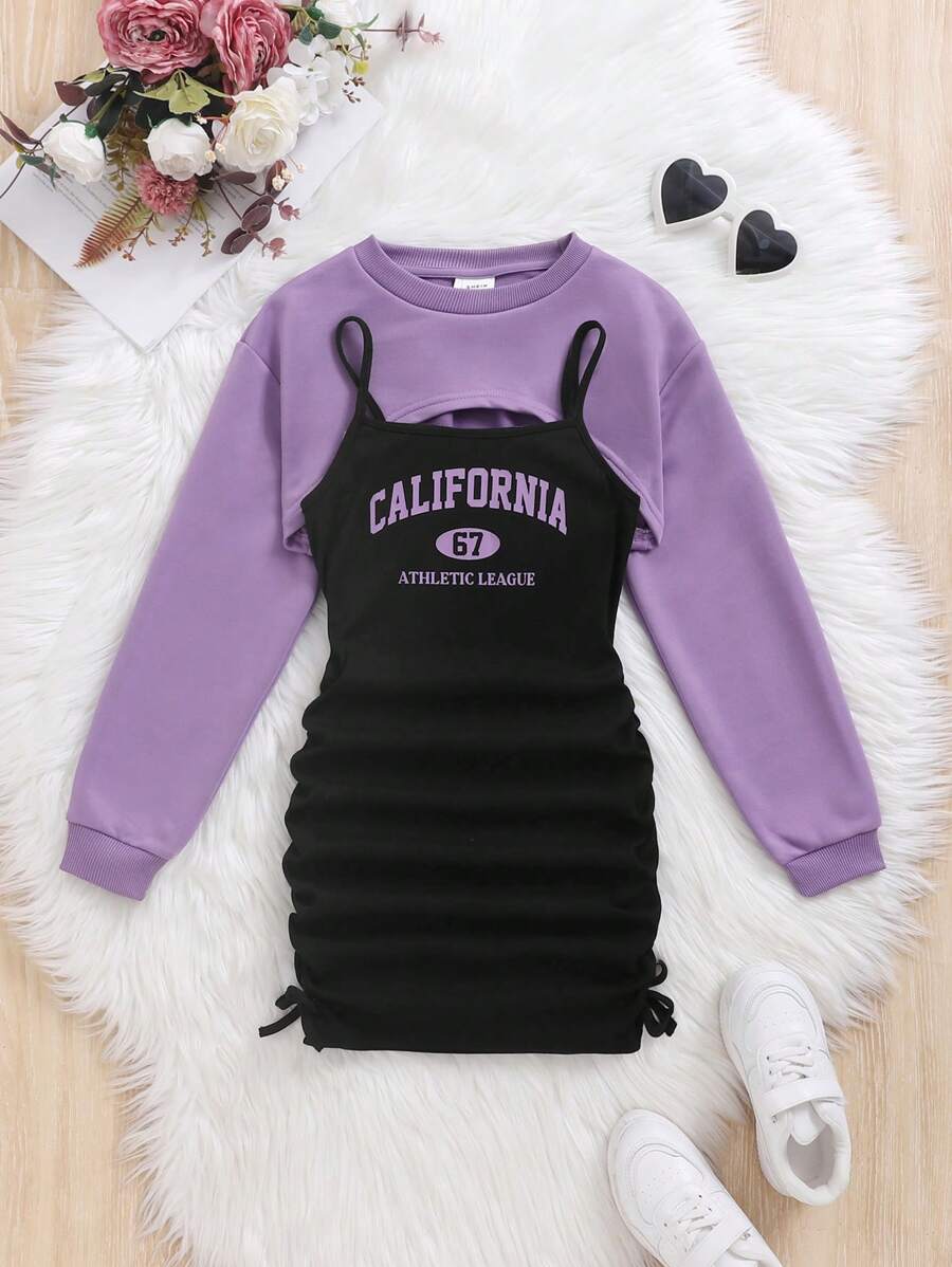 SHEIN Leap Crew Cô gái Tween Lỏng lẻo Đan Vòng cổ Ngắn Áo len Với Đan Xếp li Váy Dây Giải trí , 2 cái/bộ - Màu tím hoa cà - Xem 1