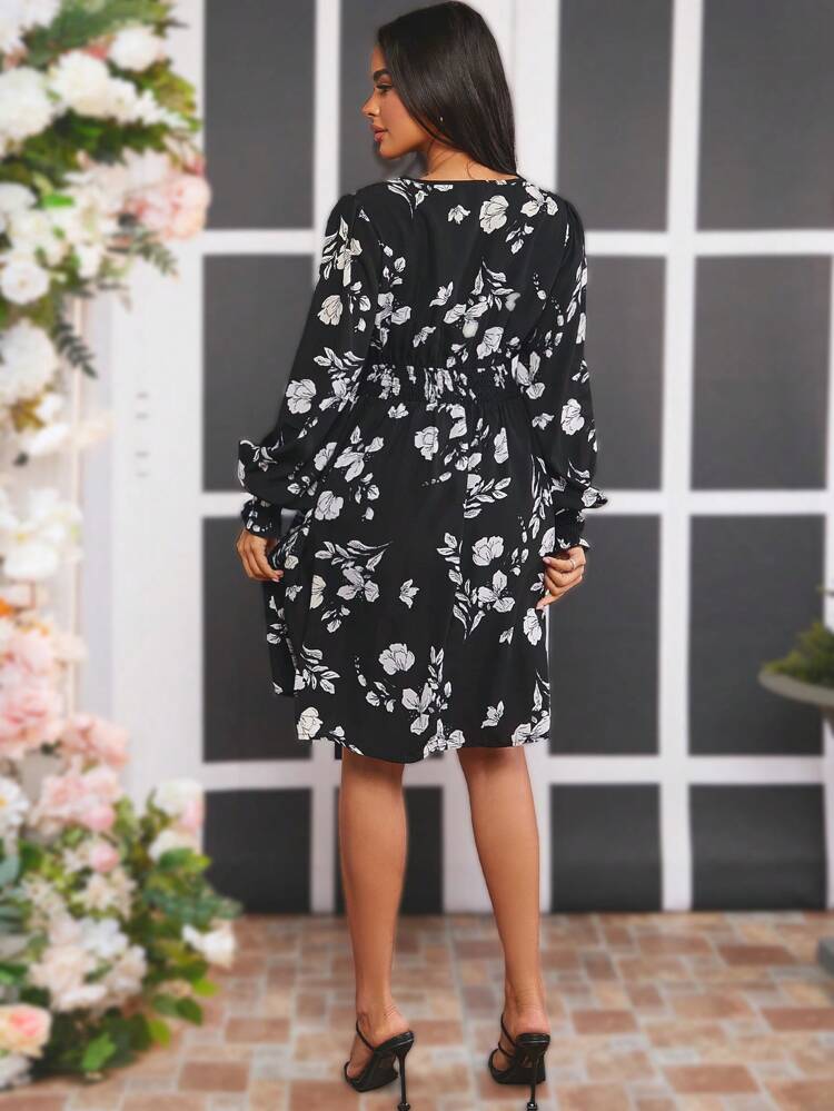 Maternity Floral Wrap V-Neck Lantern Sleeve Dress