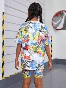 Cô gái Tween Đúng mốt Thể thao Viết tháu In Ngắn tay Áo thun Và Bộ quần short Với Vòng cổ - Nhiều màu - Xem 2