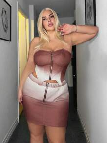 SHEIN SXY Plus Size Ladies' Gradient Color Bandeau Top And Skirt Set - Multicolor - View 4