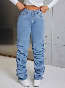 SHEIN SXY Women's Pleated Denim Jeans - Blue - View 3