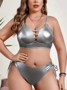 SHEIN Swim Curve 大码女式聚氨酯皮革比基尼套装狂欢夏日海滩 - 銀色 - 查看 5