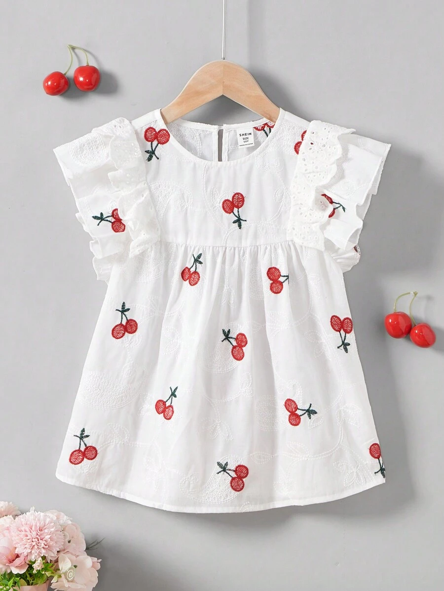 Tween Girls' Cherry Blossom & Flower Embroidered Cap Sleeve Woven Casual Shirt