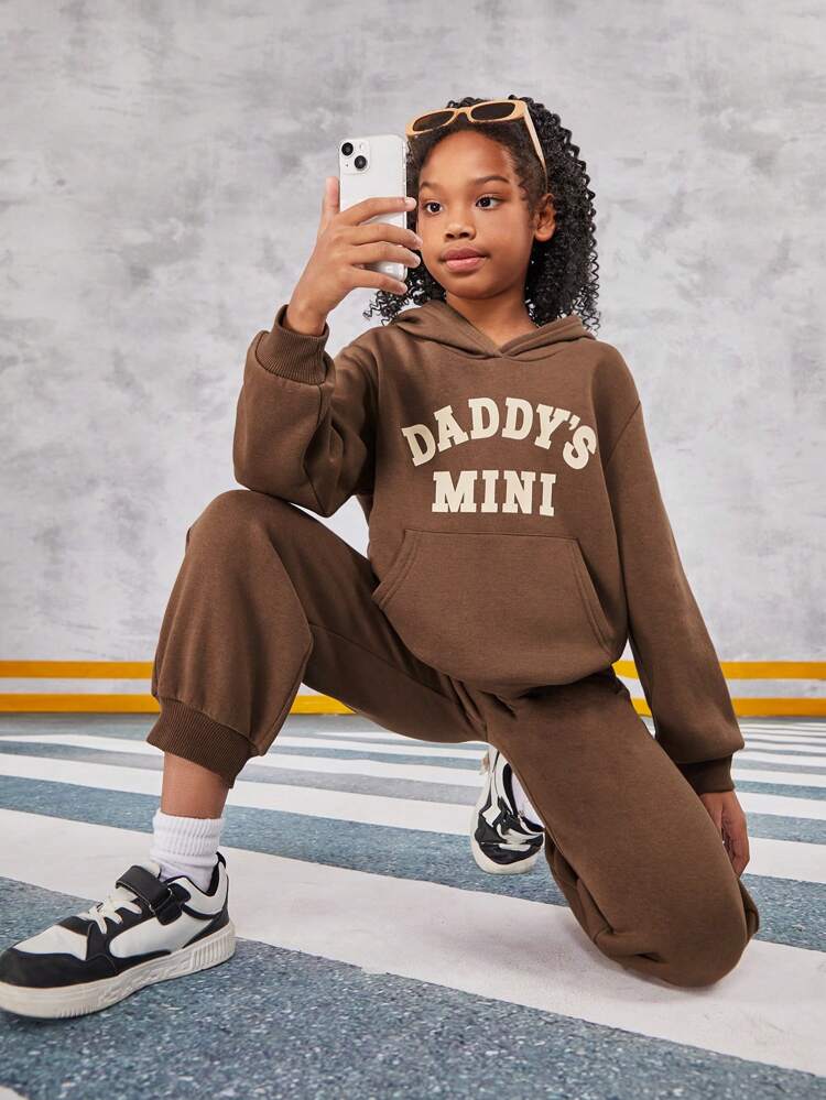 Tween Girl's Street Style Letter Printed Hoodie And Sweatpants Set, Sports Outfit