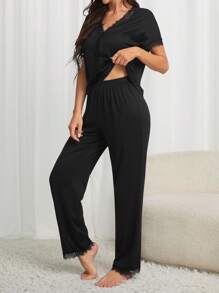 Snug Zone Women's Lace Embellished V-Neck Top And Pants Pajama Set - Black - View 5