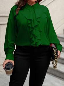 Plus Size Women's Ruffle Trim Long Sleeve Blouse - Green - View 4