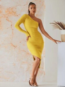 SHEIN BAE 女士单肩长袖褶皱紧身连衣裙 - 黃色 - 查看 4