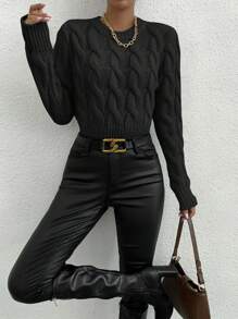 Chiquease Solid Cable Knit Sweater,Long Sleeve Tops Knit Pullover Fall Winter Sweater - Black - View 5