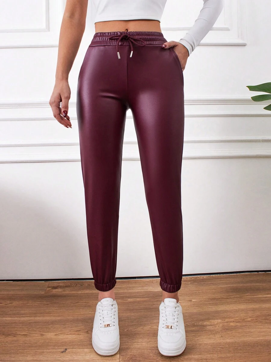 Women's Pu Drawstring Waist And Cuffed Hem Pants - Rose Red - View 1