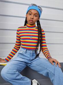 青少女休閒針織彩虹條紋長袖上衣,適合日常穿著 - 彩色 - 查看 6