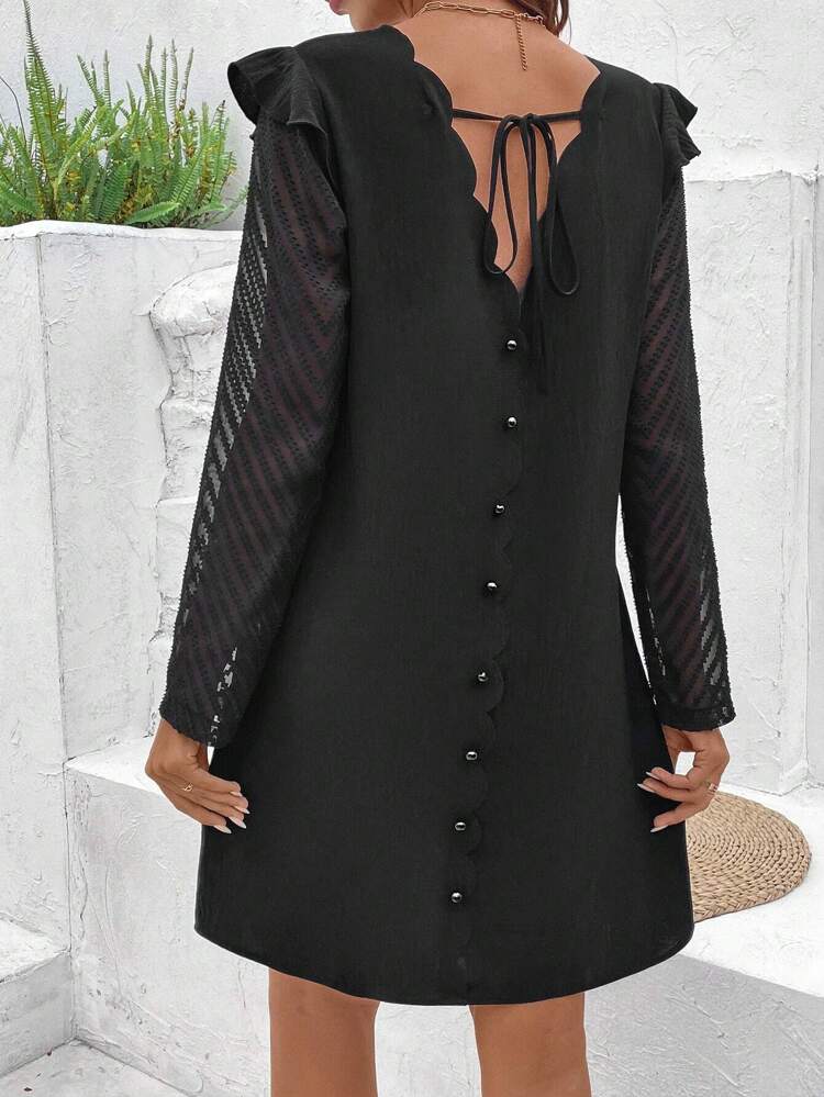Women's Texture Fabric Backless Tie Back Maxi Black Butterfly Sleeve Mini Dress Winter Casual