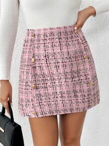 SHEIN Frenchy Women's Thick Woolen Double-Breasted Skirt - Pink - View 1