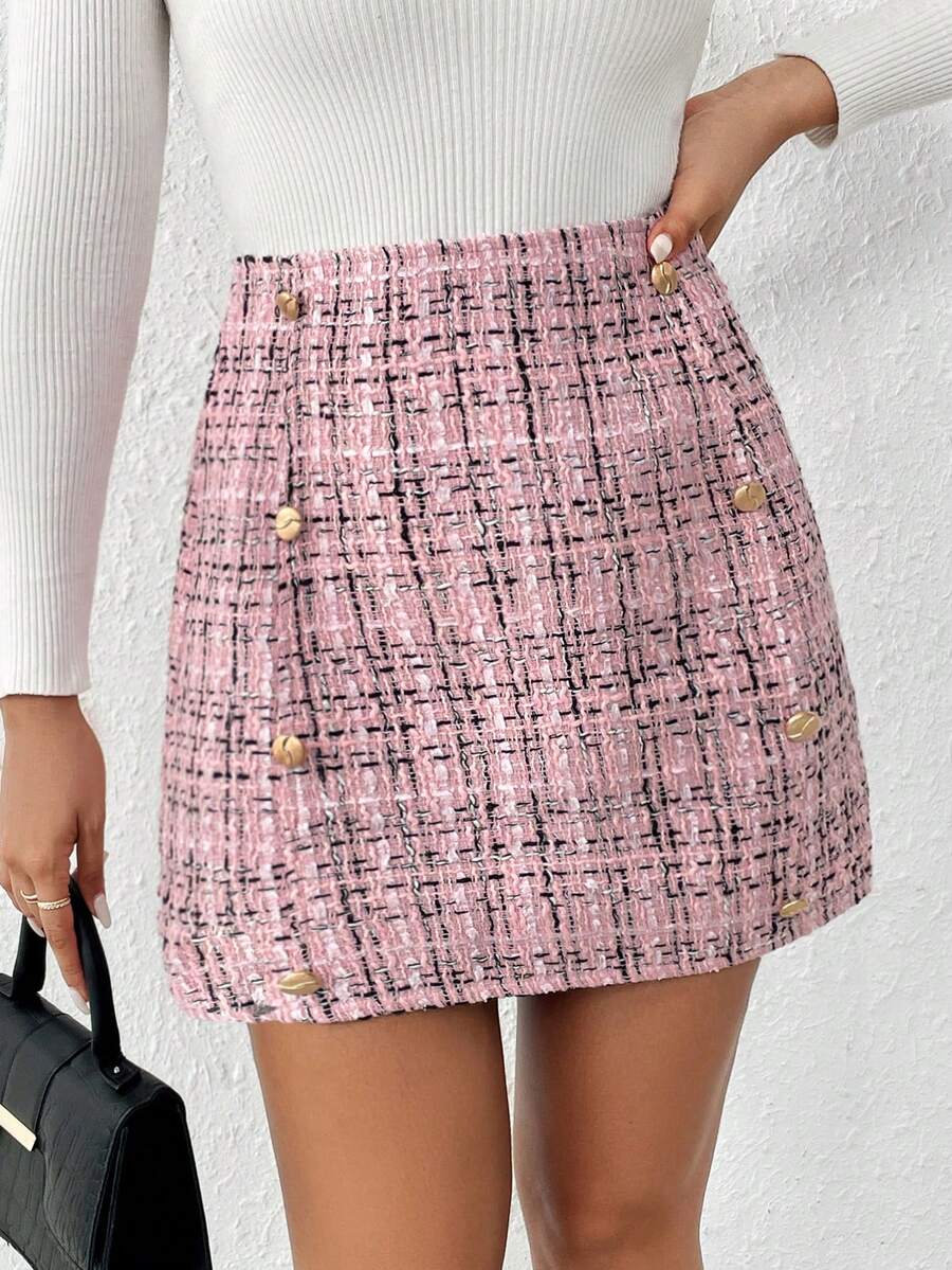 SHEIN Frenchy Women's Thick Woolen Double-Breasted Skirt - Pink - View 1
