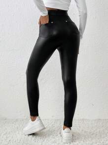 SHEIN Frenchy Pu Slim Fit Pants - Black - View 1