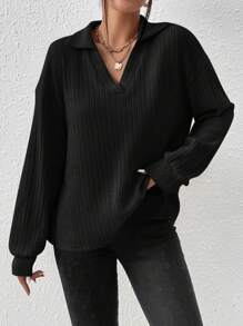 SHEIN Frenchy Solid Color Drop-Shoulder Long Sleeve T-Shirt - Black - View 5