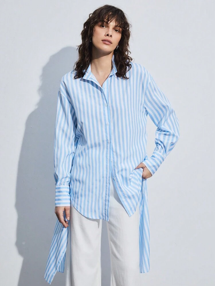 Women's Striped Drop Shoulder Long Sleeve Blouse