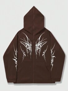 ROMWE MEN Goth Nam Tối Loại bướm In Hoodie - Cà phê nâu - Xem 1