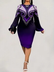 SHEIN Clasi Plus Paisley Print Lantern Sleeve Bodycon Dress - Multicolor - View 4