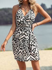 Breezaya Vestido Con Cuello Halter Y Estampado Completo Para Mujer - Blanco y Negro - Ver 5