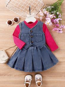 嬰兒女寶寶純色T恤、背心和褶皺裙套裝 - 藍色 - 查看 1