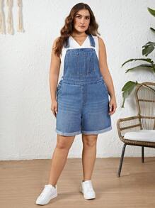 SHEIN LUNE 大码卷边牛仔背带裤 - 中等水洗藍 - 查看 4