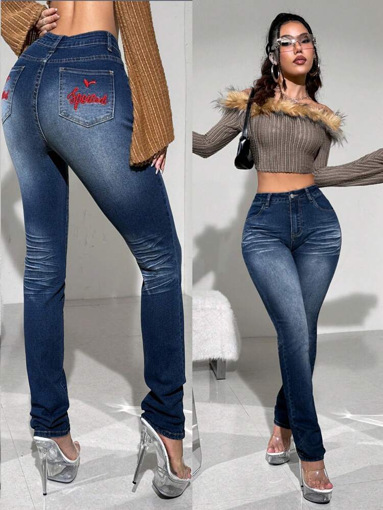 Y2k Blue Elastic Low-Rise Slim Fit Straight Leg Jeans With Letter Embroidery For Casual Wear
