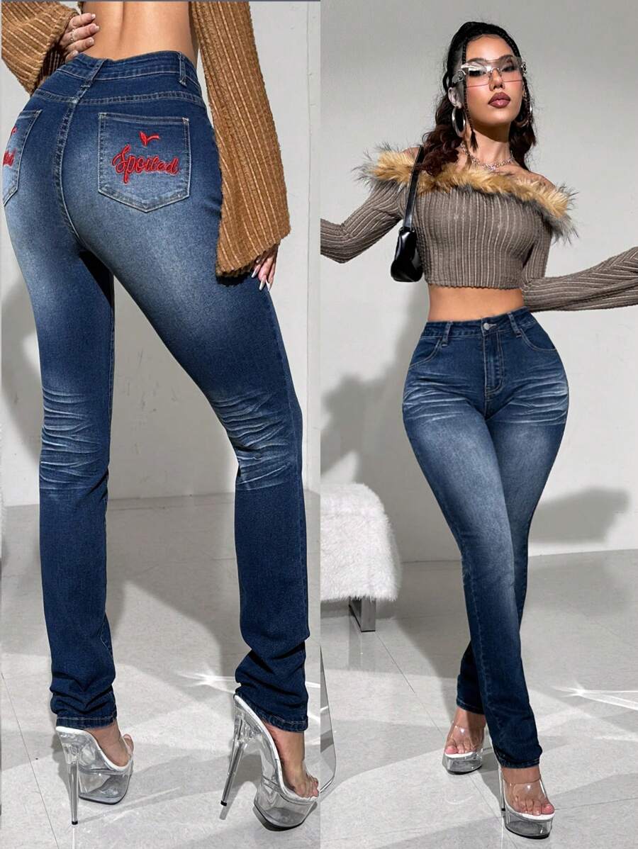 SHEIN ICON Y2k Blue Elastic Low-Rise Slim Fit Straight Leg Jeans With Letter Embroidery For Casual Wear - Blue - View 1
