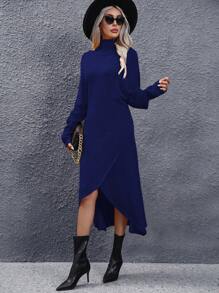 SHEIN Clasi 女士立領分裂針織毛衣連衣裙 - 藍色 - 查看 5