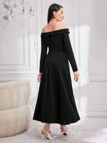 Modelyn Women's Off Shoulder Long Sleeve Colorblock Bodycon Dress Long Evening Dresses - Black and White - View 2