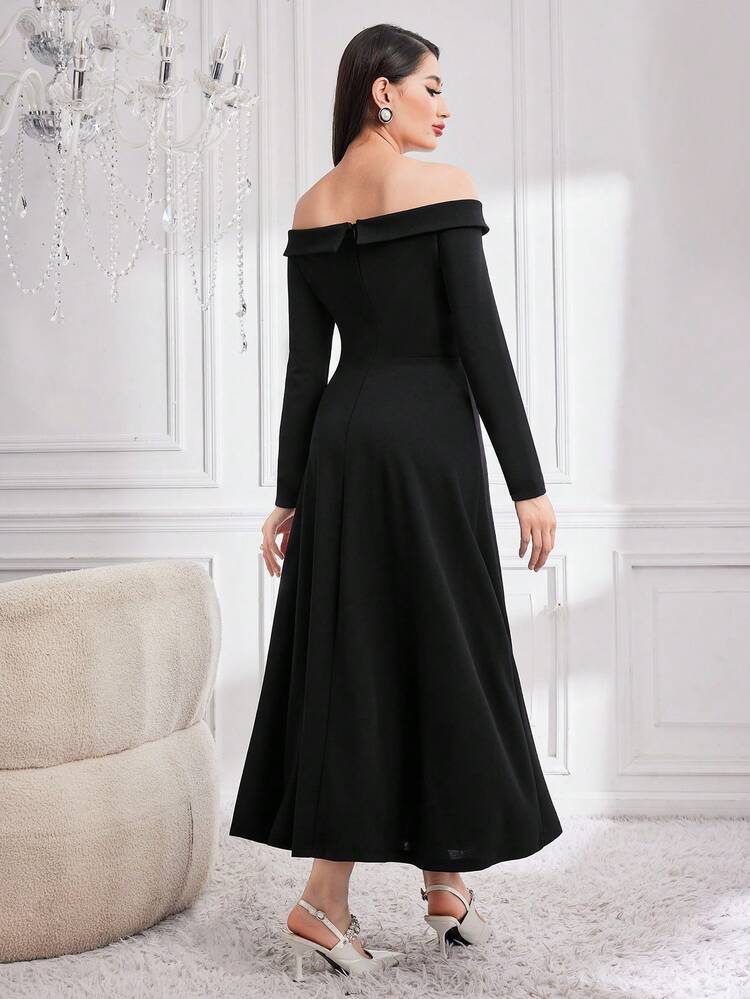 Women's Off Shoulder Long Sleeve Colorblock Bodycon Dress Long Evening Dresses