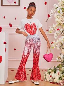 兒童女孩2入組優雅亮片心形印花短袖t恤和喇叭褲 - 紅色 - 查看 5