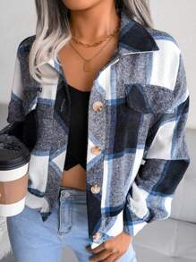 Women Fall Winter Wool Blend Checkered Lapel Jacket Coat Long Sleeve Button Front Mock Pockets Vacation Essential - Navy Blue - View 6