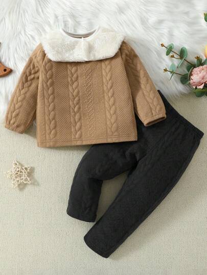 Baby Girls' Patchwork Fur Collar Top And Pants Home Outfit Set