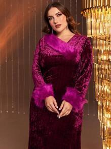 Modelyn Burgundy Red Plus Fuzzy Cuff Flannelette Dress - Burgundy - View 4