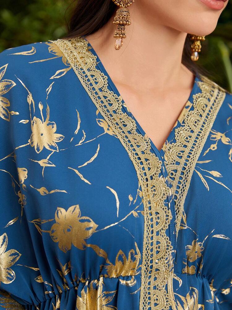 Women'S Lantern Sleeve Dress With Golden Print