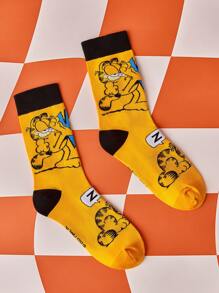 GARFIELD | SHEIN 2pcs/Set Funny Cartoon Pattern Cotton Breathable Moisture Wicking Mid-Calf Socks For Men & Women