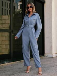 SHEIN Essnce 女士長袖腰帶襯衫連體褲 - 霧霾藍 - 查看 3