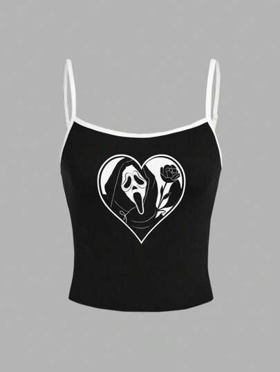 SHEIN EZwear Women Black & White Contrast Skeleton Rose Graphic Sleeveless Slim Fit Camisole Top, Suitable For Casual Summer & Halloween Back To School
