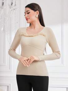 Seusyu Women Sweaters Kontras Faux Fur Rib-Knit Plain Casual - Aprikot - View 5