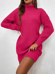 SHEIN Essnce Ribbed Turtleneck Mini White Sweater Dress - Hot Pink - View 1